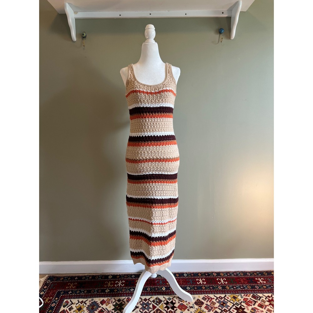 Paper Heart Crochet Knit Striped Maxi Dress Tan Orange Brown Boho Sleeveless M